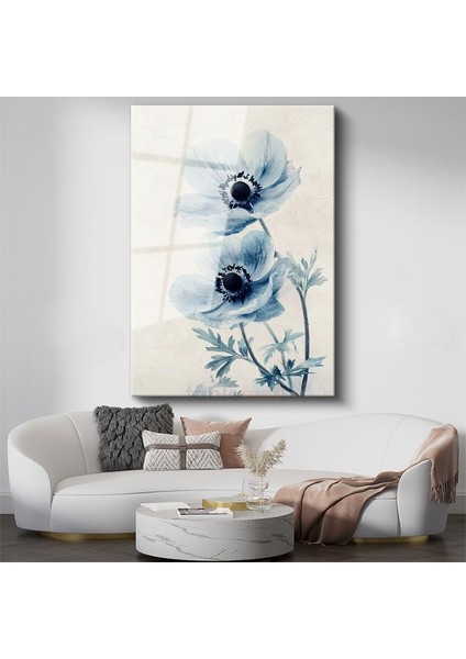 Mavi Anemonlar - Minimalist Çiçek Portresi Cam Tablo