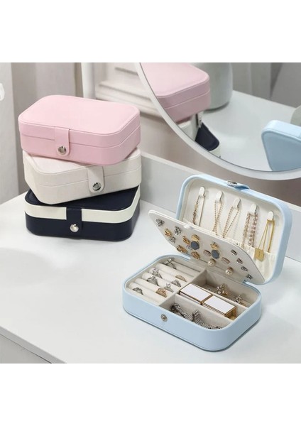 Mavi Dikdörtgen Takı Kutusu, 3 Bölmeli, Seyahat ve Ev İçin Düzenleyici