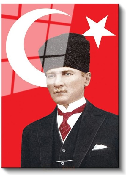 Türk Bayrağı Önünde Atatürk - Kalpaklı Resmi Portre Cam Tablo