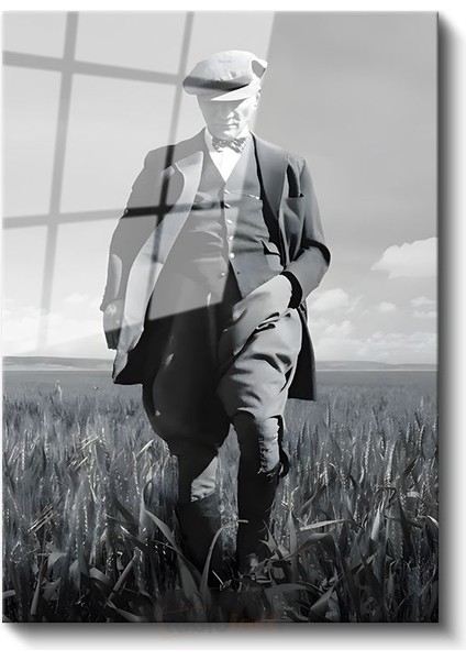 Kasketli Atatürk - Buğday Tarlasında Cam Tablo