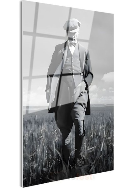 Kasketli Atatürk - Buğday Tarlasında Cam Tablo