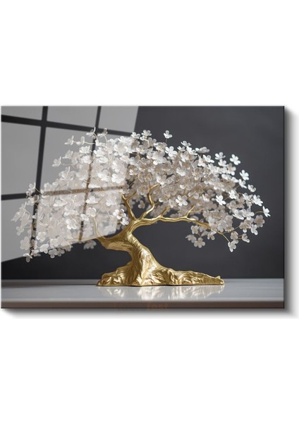 Altın Çiçek Ağacı - Zarif Beyaz Çiçekli Bonsai Sanatı Cam Tablo fiyatları