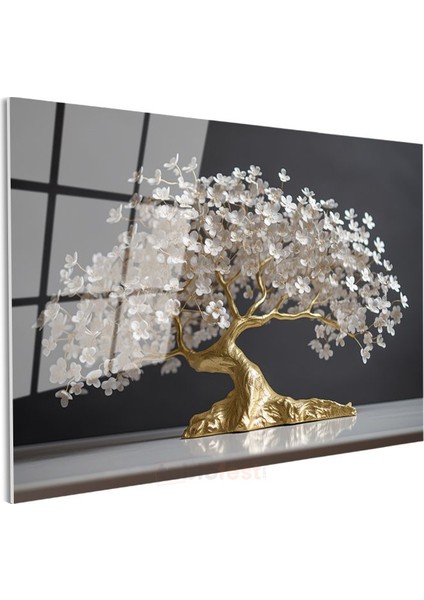 Altın Çiçek Ağacı - Zarif Beyaz Çiçekli Bonsai Sanatı Cam Tablo modelleri