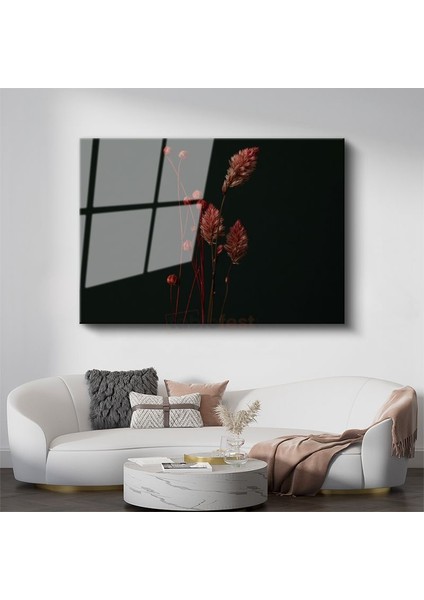 Kuru Çiçekler - Siyah Fonda Minimalist Botanik Cam Tablo