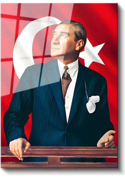 Türk Bayrağı Önünde Atatürk - Kürsüde Lider Cam Tablo