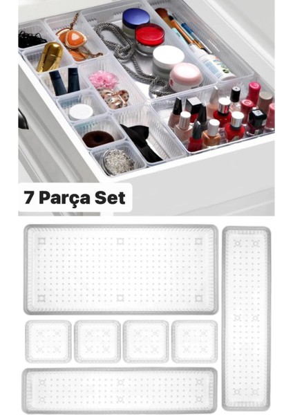 7’li Şeffaf Modüler Çekmece İçi Takı ve Makyaj Organizeri, Masa Üstü Düzenleyici
