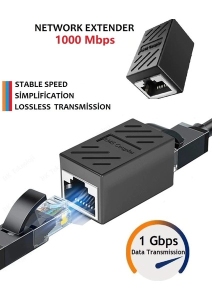 Internet Kablosu Uzatma Aparatı Ethernet RJ45 Jak Birleştirir Gigabit Cat5 Cat6 -1 Adet