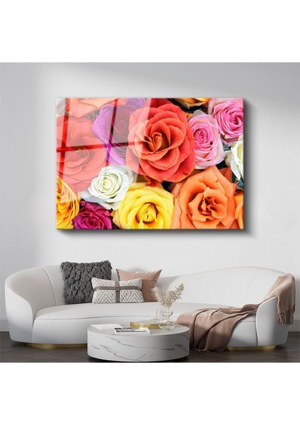 Renkli Gül Buketi - Canlı Tonlarda Çiçek Aranjmanı Cam Tablo