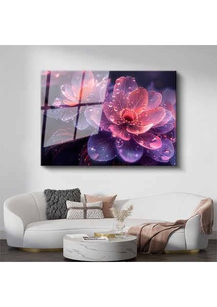 Pembe Çiçek - Dijital Sanat Su Damlacıklı Cam Tablo