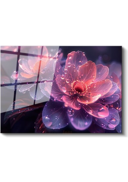 Pembe Çiçek - Dijital Sanat Su Damlacıklı Cam Tablo
