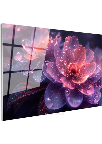 Pembe Çiçek - Dijital Sanat Su Damlacıklı Cam Tablo