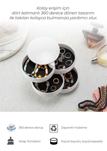4 Katlı Dönebilen Silindir Takı Organizeri, Beyaz Renkli, Şık ve Pratik Depolama Çözümü fiyatları