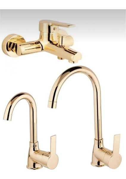 Kca Gold Altın Mutfak Eviye, Lavabo ve Banyo Bataryası Musluğu Çeşmesi Çift Su Girişli 3’lü Set
