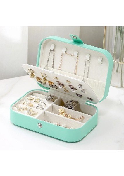 Turkuaz Dikdörtgen Takı Kutusu, 3 Bölmeli, Organizer, Seyahat ve Günlük Kullanım
