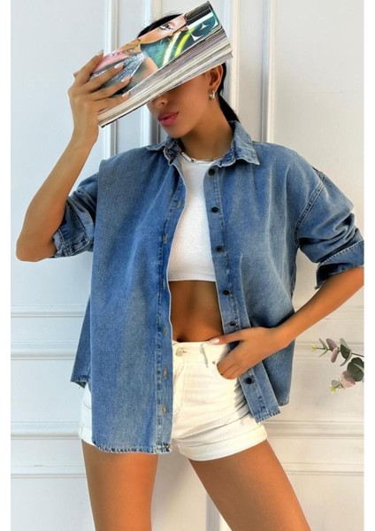 Kadın Oversize Mavi Denim Gömlek