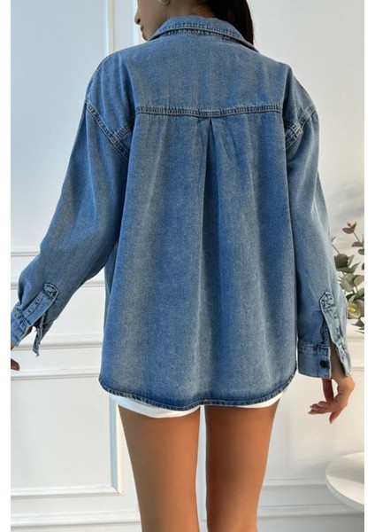 Kadın Oversize Mavi Denim Gömlek fiyatları