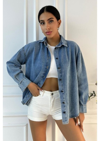Kadın Oversize Mavi Denim Gömlek fırsatları
