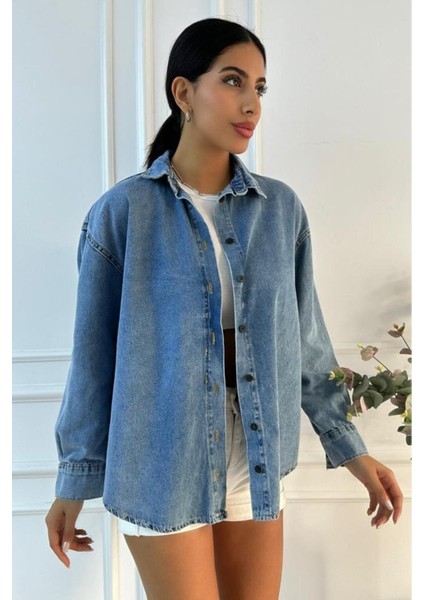 Kadın Oversize Mavi Denim Gömlek indirimleri