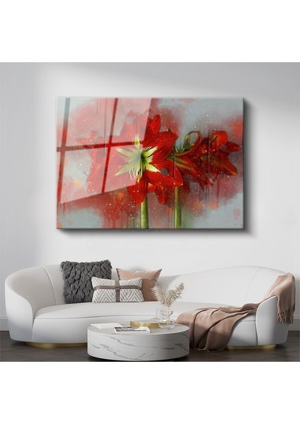 Kırmızı Amaryllis - Sanatsal Suluboya Efektli Çarpıcı Çiçek Cam Tablo