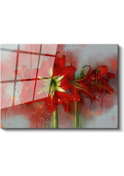 Kırmızı Amaryllis - Sanatsal Suluboya Efektli Çarpıcı Çiçek Cam Tablo fiyatları