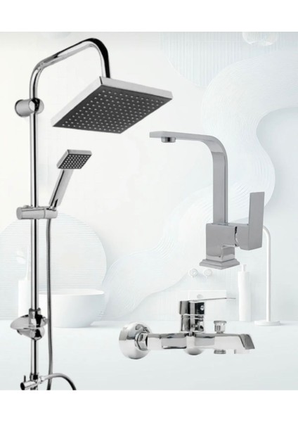 Krom Lüx Robot Duş Seti , Lüx Kare Lavabo, Banyo Bataryası 3’lü Set