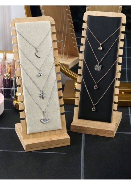 Şık Ahşap Takı Organizer Standı, Kolye ve Bileklik Düzenleyici, Siyah-Krem