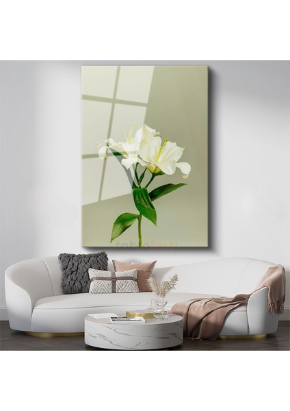 Beyaz Lilyum - Minimalist Çiçek Portresi Cam Tablo
