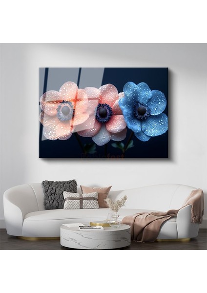 Renkli Anemonlar - Su Damlacıklı Üçlü Çiçek Portresi Cam Tablo
