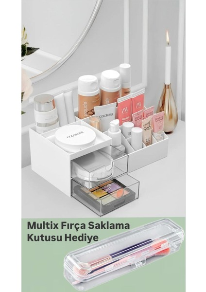 Beyaz Makyaj Düzenleyici Seti, 2 Çekmeceli, Şık ve Fonksiyonel Organizer