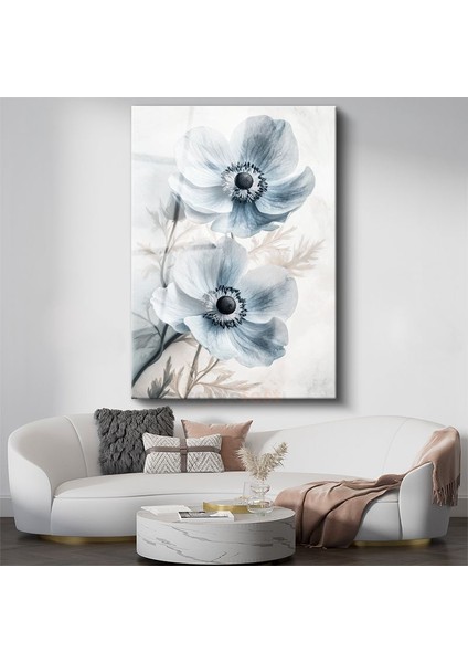 Mavi Anemonlar - Soft Pastel Tonlarda Çiçek Ikilisi Cam Tablo