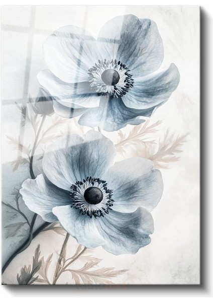 Mavi Anemonlar - Soft Pastel Tonlarda Çiçek Ikilisi Cam Tablo
