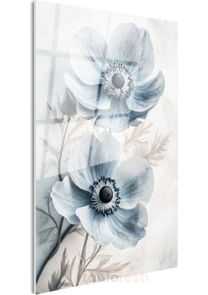 Mavi Anemonlar - Soft Pastel Tonlarda Çiçek Ikilisi Cam Tablo