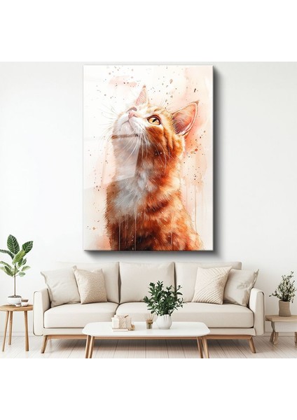 Meraklı Kedi - Yukarı Bakan Turuncu Tüylü Dost Cam Tablo