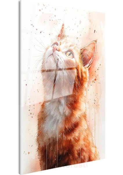 Meraklı Kedi - Yukarı Bakan Turuncu Tüylü Dost Cam Tablo
