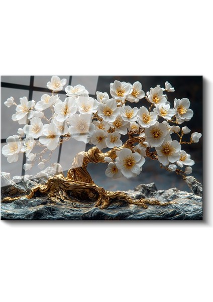 Altın Kiraz Çiçeği - Dekoratif Bonsai Ağacı Tasarımı Cam Tablo fiyatları