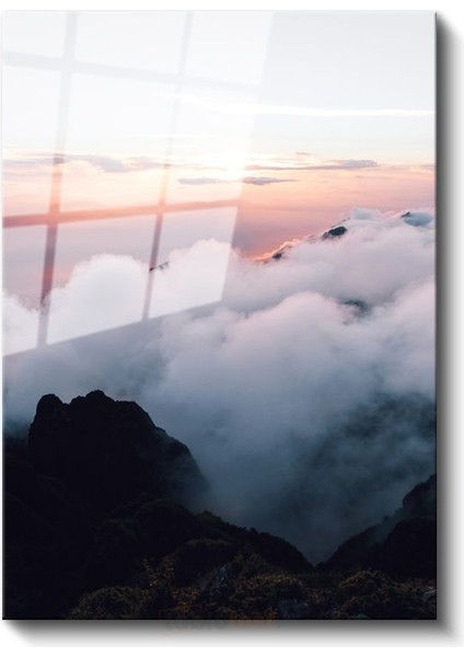 Bulutların Üstünde - Pembe Gökyüzünde Dağ Zirveleri Cam Tablo fiyatları