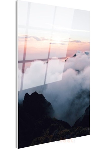Bulutların Üstünde - Pembe Gökyüzünde Dağ Zirveleri Cam Tablo modelleri