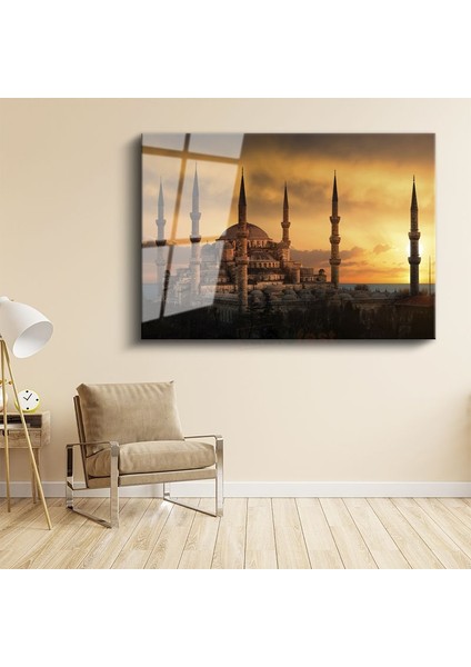 Sultanahmet Camii - Altın Tonlarında Gün Batımı Cam Tablo