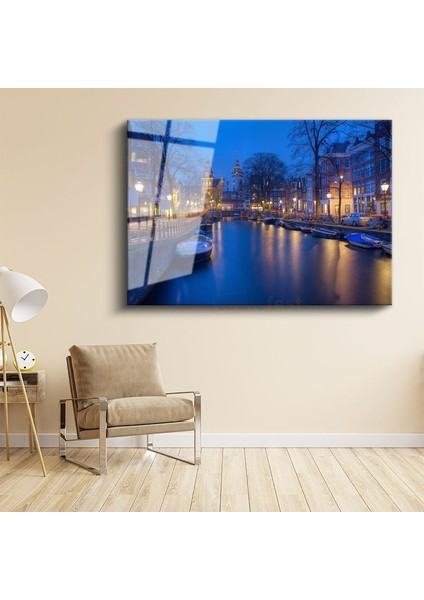 Amsterdam Kanalları - Gece Işıklarında Tarihi Evler Cam Tablo