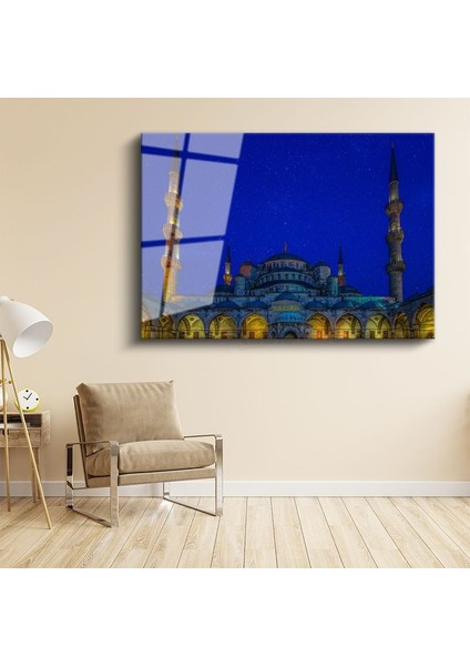 Mavi Işıklar Altında - Gece Sultanahmet Silüeti Cam Tablo
