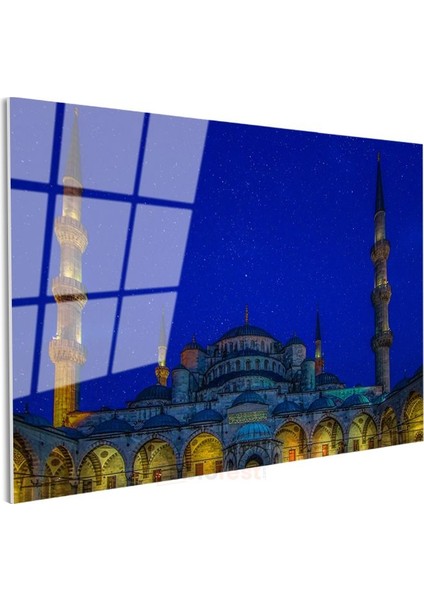 Mavi Işıklar Altında - Gece Sultanahmet Silüeti Cam Tablo modelleri