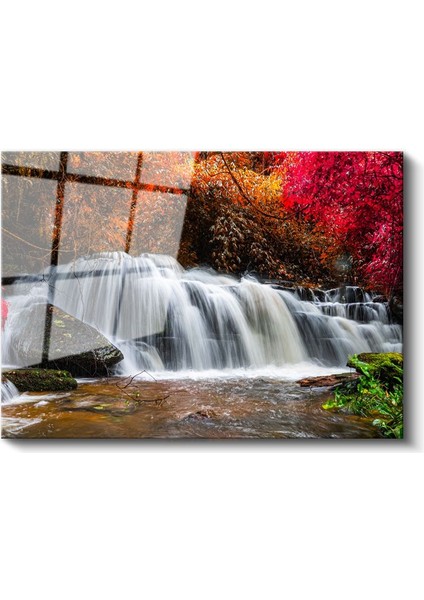 Sonbahar Şelalesi - Renkli Yapraklar Arasında Su Akışı Cam Tablo fiyatları