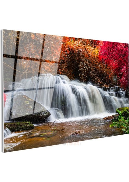 Sonbahar Şelalesi - Renkli Yapraklar Arasında Su Akışı Cam Tablo modelleri