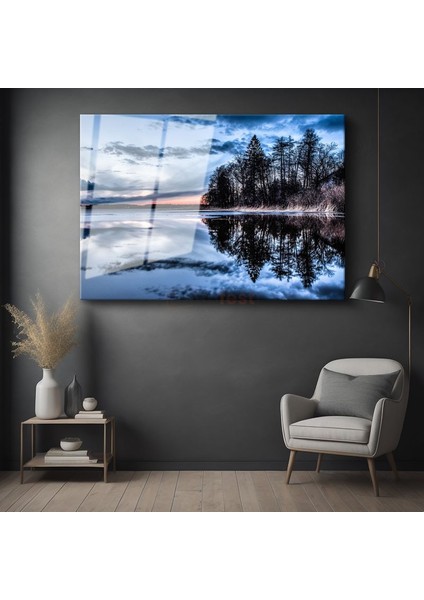 Göl Manzarası - Gün Batımında Ağaçların Yansıması Cam Tablo