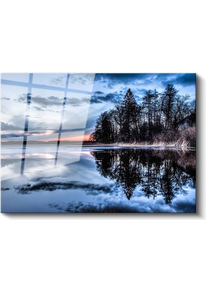 Göl Manzarası - Gün Batımında Ağaçların Yansıması Cam Tablo fiyatları