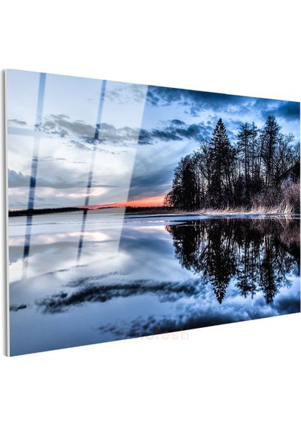 Göl Manzarası - Gün Batımında Ağaçların Yansıması Cam Tablo modelleri