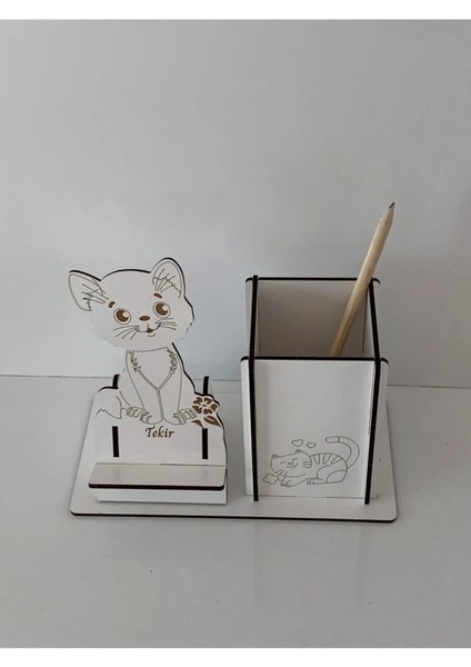 Ahşap Kedi Motifli Kişiselleştirilebilir Telefon Tutucu ve Kalemlik