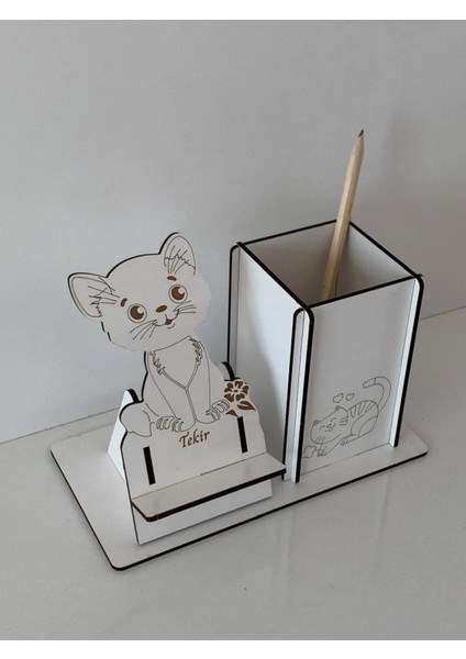 Ahşap Kedi Motifli Kişiselleştirilebilir Telefon Tutucu ve Kalemlik fiyatları