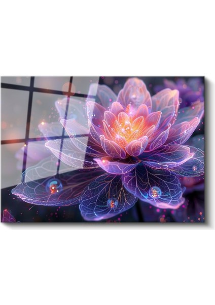 Işıklı Lotus - Mor Tonlarda Fantastik Çiçek Illüstrasyonu Cam Tablo fiyatları