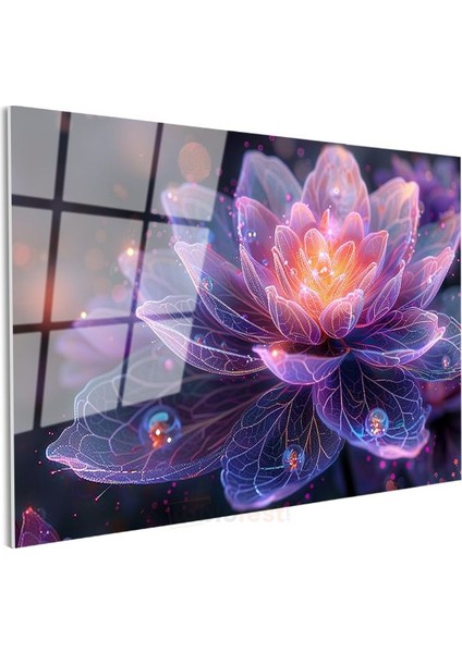 Işıklı Lotus - Mor Tonlarda Fantastik Çiçek Illüstrasyonu Cam Tablo modelleri